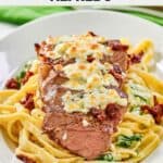 Homemade Olive Garden steak gorgonzola fettuccine alfredo pasta dish.