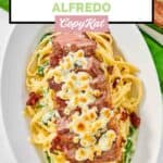 Homemade Olive Garden steak gorgonzola alfredo pasta on a platter.