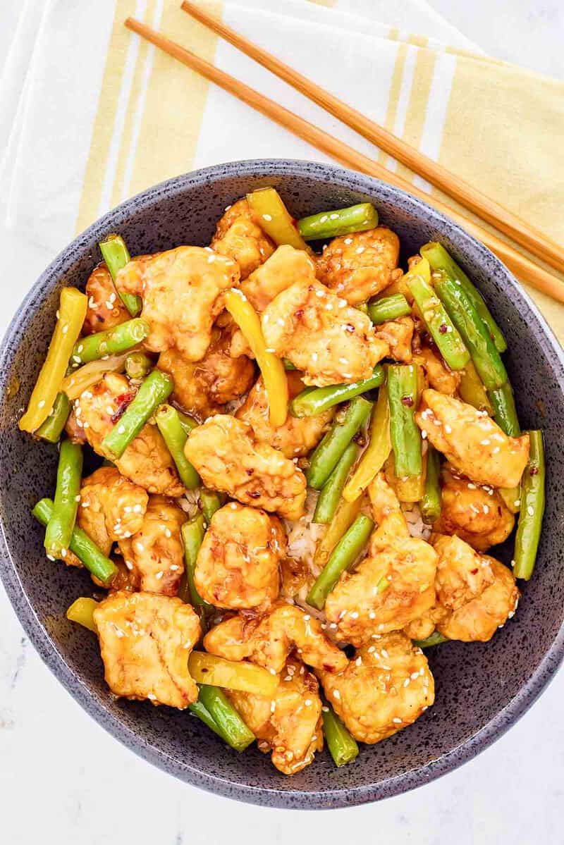 A bowl of copycat Panda Express honey sesame chicken.