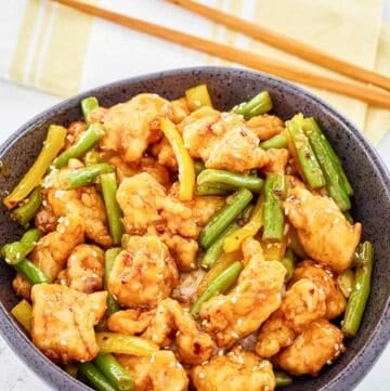 Copycat Panda Express honey sesame chicken in a bowl.