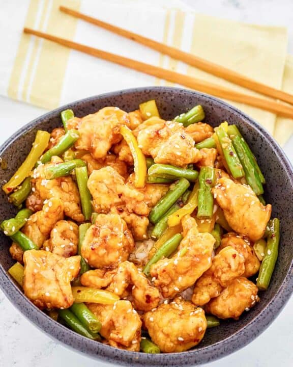 Copycat Panda Express honey sesame chicken in a bowl.