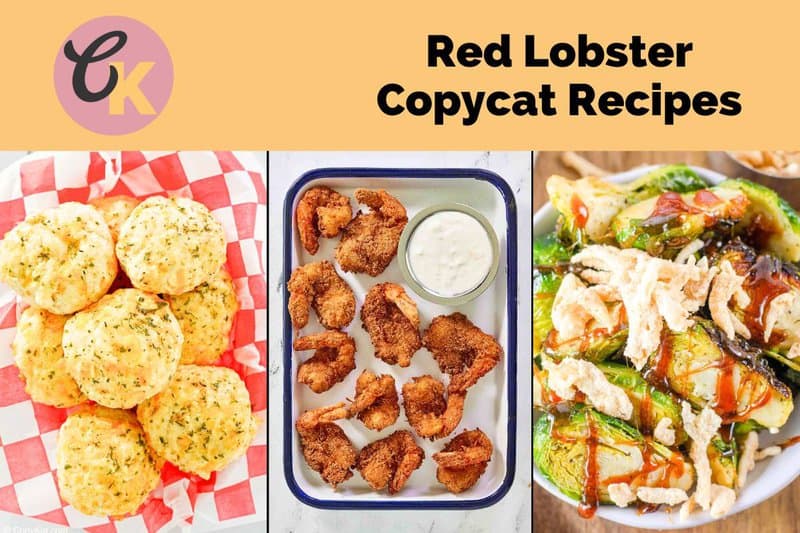 Copycat Red Lobster cheddar bay biscuits, coconut shrimp, and Brussels sprouts.