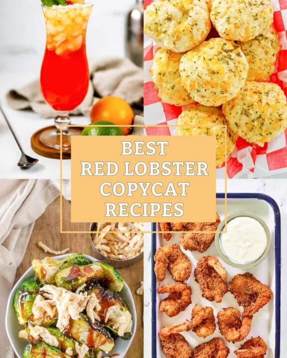 Copycat Red Lobster mai tai, cheddar bay biscuits, Brussels sprouts, and coconut shrimp.