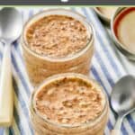 Homemade brekki overnight oats in jars and two spoons.