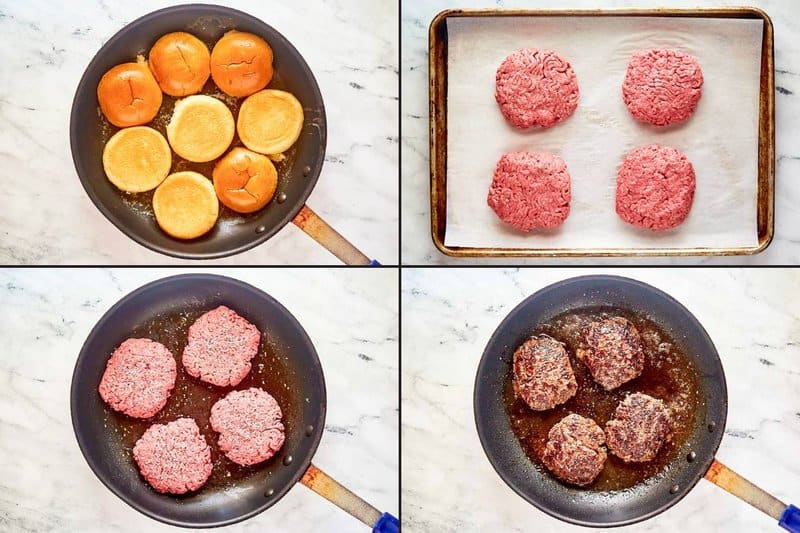 Toasting buns and cooking burger patties for Chili's oldtimer with cheese.