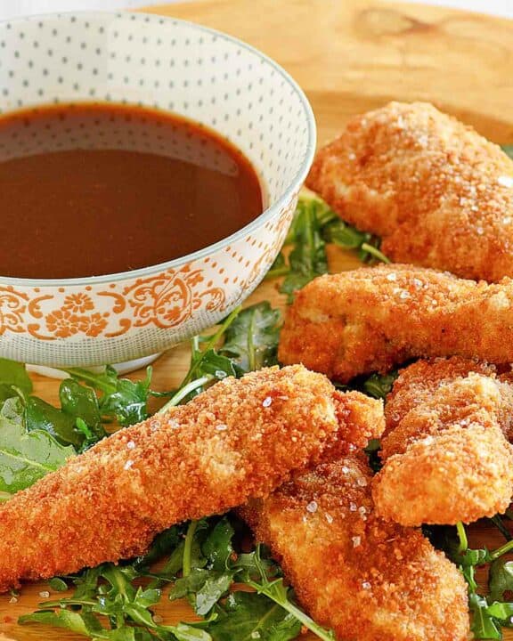 Chicken fingers and copycat TGI Friday's jack daniels dipping sauce.