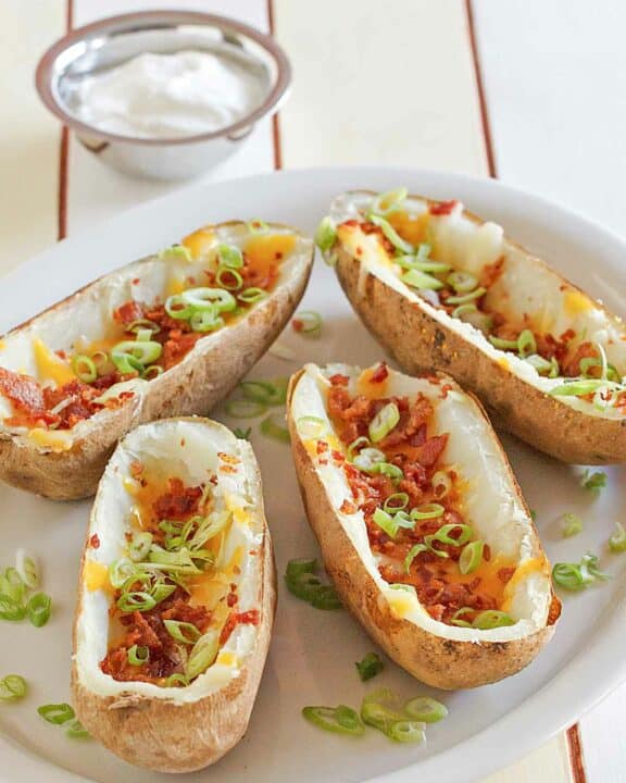 Copycat TGI Friday's potato skins on a plate.
