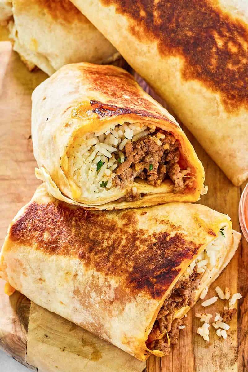 Copycat Taco Bell quesarito cut in half.