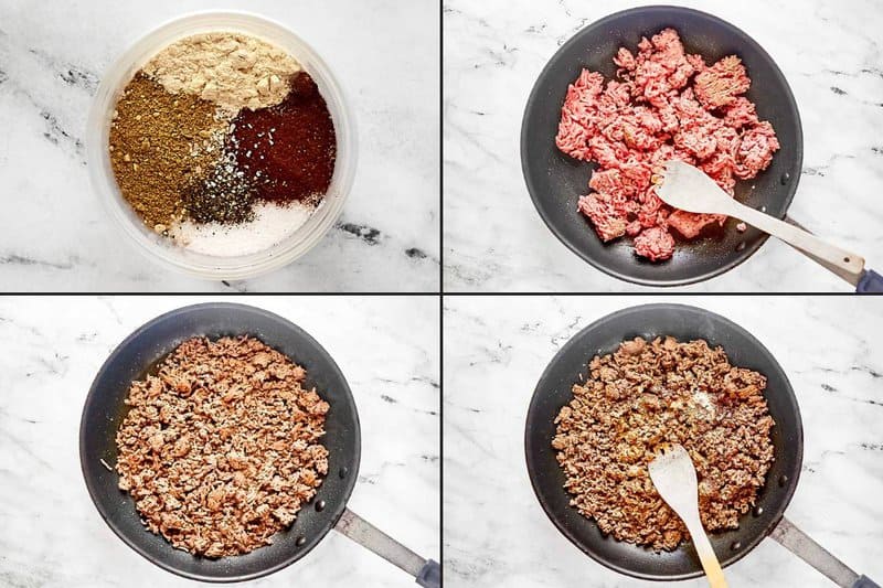 Preparing seasoned ground beef for quesarito.