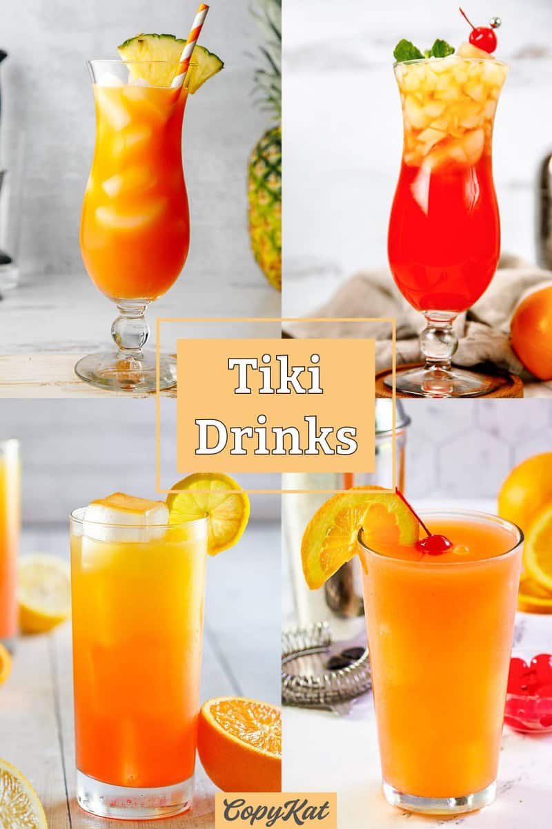 Four fruity tropical tiki drinks.