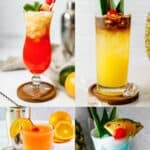 Four different tropical tiki drinks.