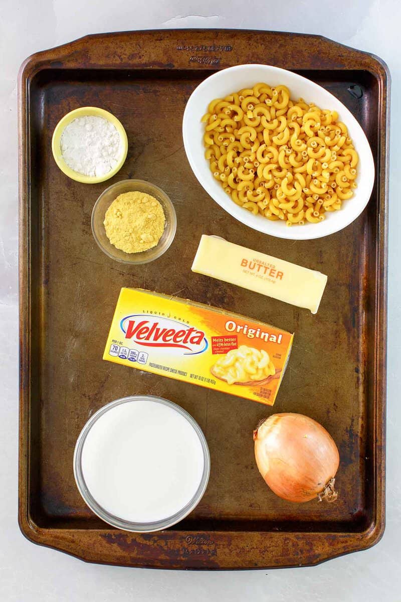 Copycat Boston Market mac and cheese ingredients on a tray.