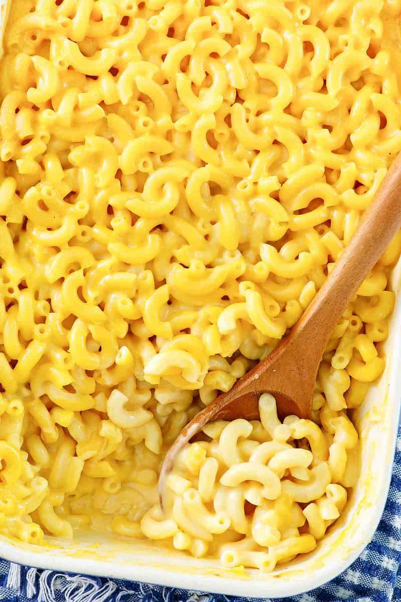Copycat Boston Market mac and cheese in a baking dish.