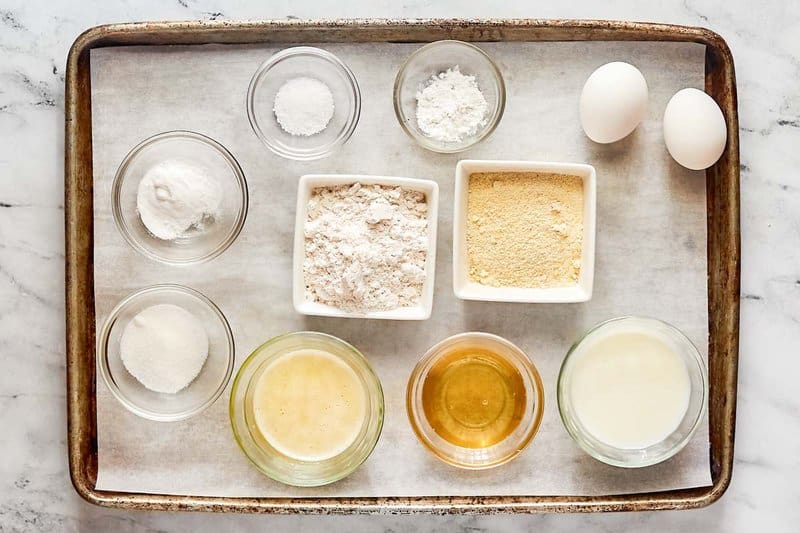 Copycat Cracker Barrel cornbread muffins ingredients on a tray.