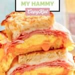 Halves of homemade Denny's moons over my hammy sandwich stacked on a plate.