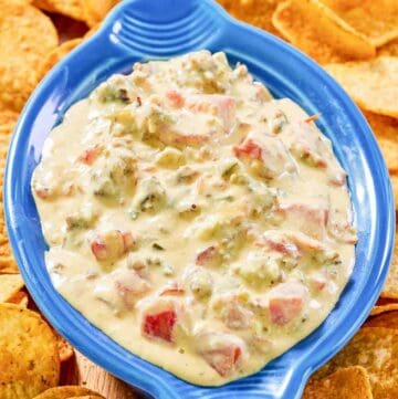 Rotel sausage cream cheese dip in a dish and tortilla chips around it.