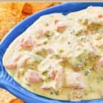 Rotel sausage cream cheese dip in a small serving dish.