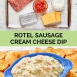 Rotel sausage cream cheese dip ingredients and the dip in a dish.