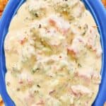 Rotel sausage cream cheese dip in an oval dish.