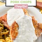 Two homemade Cracker Barrel country fried pork chops with gravy.