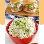 A bowl of homemade Houston's coleslaw and two pork sliders.