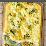 Broccoli cheese and rice casserole in a baking dish.