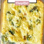 Broccoli rice casserole with cheese in a baking dish.