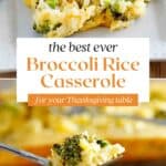 Broccoli rice casserole on a plate and on a fork.