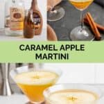 Caramel apple martini ingredients and the drink.