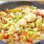 Cheeseburger soup in a large bowl.