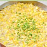 Cheese creamed corn in a copper skillet.
