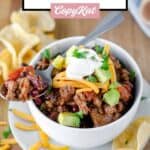 Chili in a bowl and on a spoon.