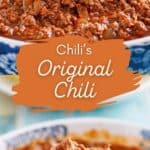 Copycat Chili's original chili in a bowl and on a spoon.