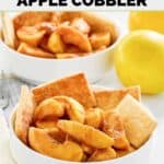 Bowls of homemade cracker barrel southern apple cobbler and two apples.