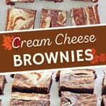 Cream cheese brownies on parchment paper.