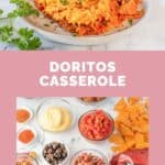Doritos casserole on a plate and the ingredient on a marble surface.