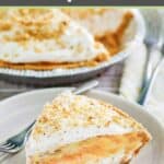 Double layer pumpkin pie slice and the pie behind it.
