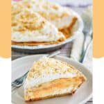 Homemade double layer pumpkin pie slice in front of the pie.