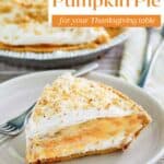 A slice of double layer pumpkin pie and a fork on a plate.