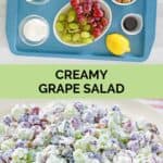 Grape salad ingredients and the salad on a platter.