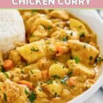 Instant Pot Thai yellow chicken curry and rice in a bowl.