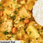 Instant pot Thai yellow chicken curry with vegetables in a bowl.