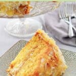 A slice of mountain dew cake with pineapple coconut frosting.