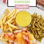 Homemade outback alice springs chicken, fries, green beans, and honey mustard sauce.
