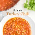 Copycat Panera turkey chili in a pot and a bowl.