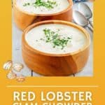 Two bowls of copycat Red Lobster clam chowder and two spoons.