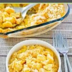 Squash casserole made with ritz crackers in a baking dish and a bowl and three forks.