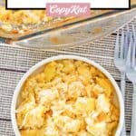 Squash casserole made with ritz crackers in a bowl and baking dish.