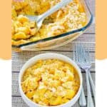 Squash casserole with ritz crackers in a bowl and baking dish.