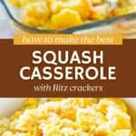 Ritz cracker squash casserole in a baking dish and a bowl.
